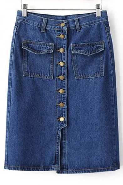 New Arrival High Rise Buttons Down Midi Pencil Denim Skirt with Pockets