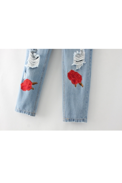 New Fashion Cut Out Chic Floral Embroidered Straight Legs Casual Leisure Jeans