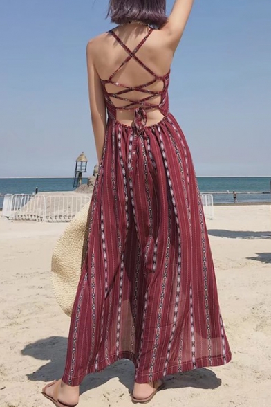 New Fashion Spaghetti Straps Tribal Print Split Front Holiday Maxi Slip Dress