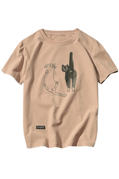 Summer's Fresh Cartoon Cat Printed Short Sleeve Round Neck Casual T-Shirt