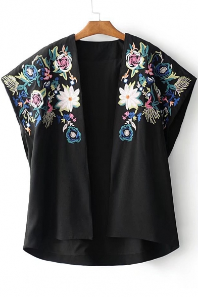 Symmetric Embroidery Floral Pattern Open Front Short Sleeve Kimonos