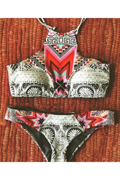 Tribal Printed Color Block Halter Bikinis