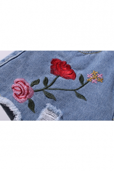 Two Pieces Embroidery Letter Floral Appliqued Short Sleeve Round Neck Tee with Denim Shorts