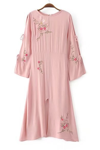 Women's Embroidered Floral Split Front Cutout Tied Long Sleeve Round Neck Maxi Dress