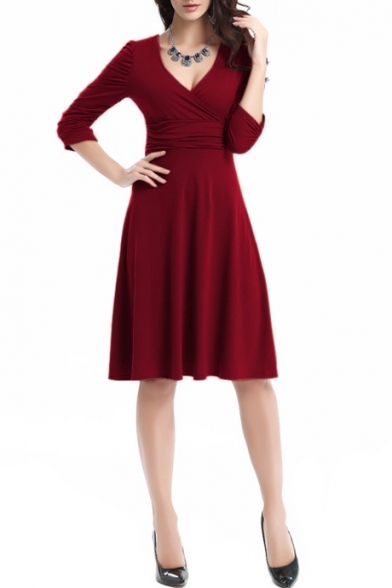 Women's Ruched Waist Classy V-Neck Casual Cocktail Dress