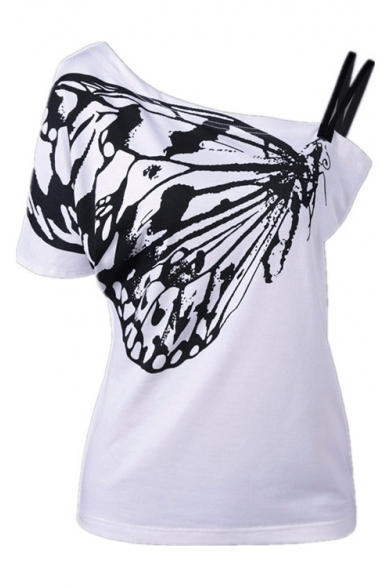 Asymmetric One Short Sleeve Straps Butterfly Printed Tee