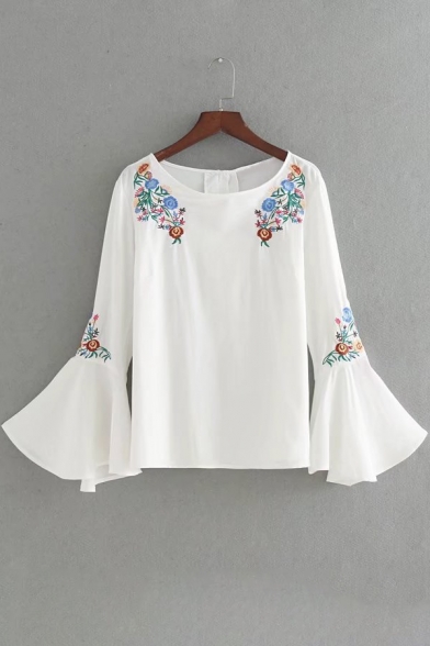 Chic Floral Embroidered Boat Neck Long Sleeve Flared Cuff Pullover Blouse