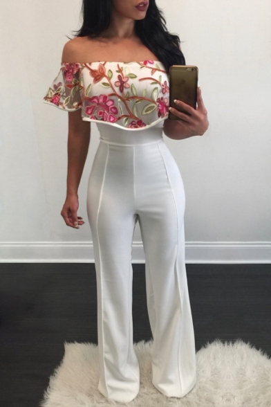 Chic Floral Embroidered Off The Shoulder Short Sleeve Jumpsuits