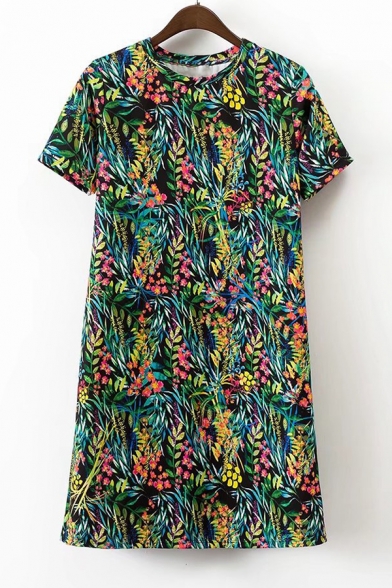 Color Block Floral Printed Short Sleeve Round Neck Mini T-Shirt Dress
