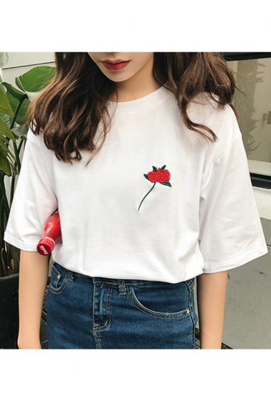 Fashion Embroidery Floral Pattern Short Sleeve Round Neck Tee