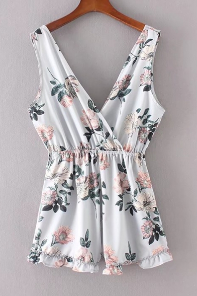 Fashion Plunge Neck Sleeveless Floral Printed Casual Loose Rompers