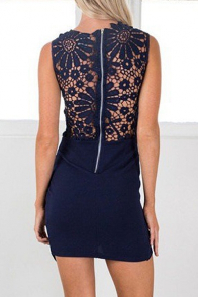 Fashion Round Neck Sleeveless Chic Lace Hollow Out Mini Bodycon Asymmetrical Dress