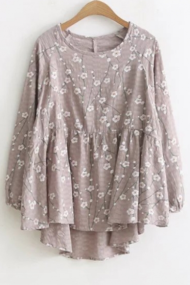 Floral Printed Round Neck Long Sleeve Casual Leisure High Low Hem Pullover Blouse