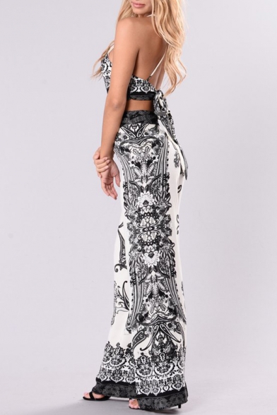 New Fashion Tribal Printed Sleeveless Cropped Top with Wide Legs Pants