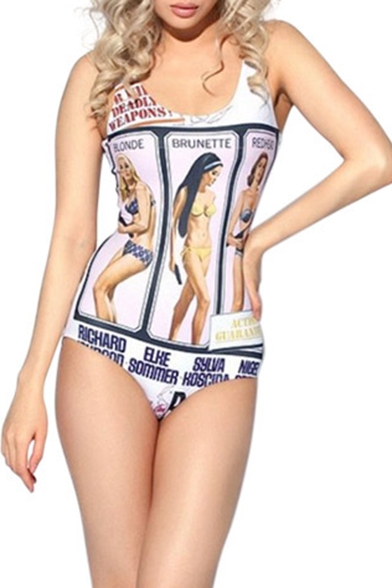 Scoop Neck Sleeveless Comic Girls Printed Sexy One Piece Swimwear