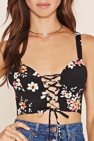 Sexy Lace-Up Straps Floral Printed Sleeveless Summer's Cropped Cami Top