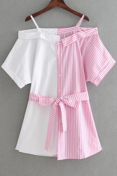 Striped Printed Color Block Cold Shoulder Short Sleeve Mini A-Line Dress