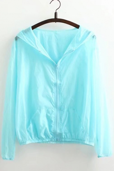 Summer's Hooded Long Sleeve Simple Plain Zip Placket Sun Protection Coat