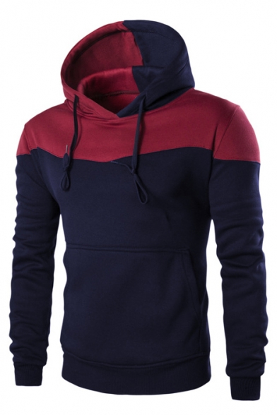 Unisex Drawstring Hooded Long Sleeve Color Block Hoodie Sweatshirt