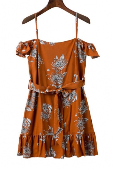 Women's Spaghetti Straps Short Sleeve Belt Waist Floral Printed Mini Cami Dress