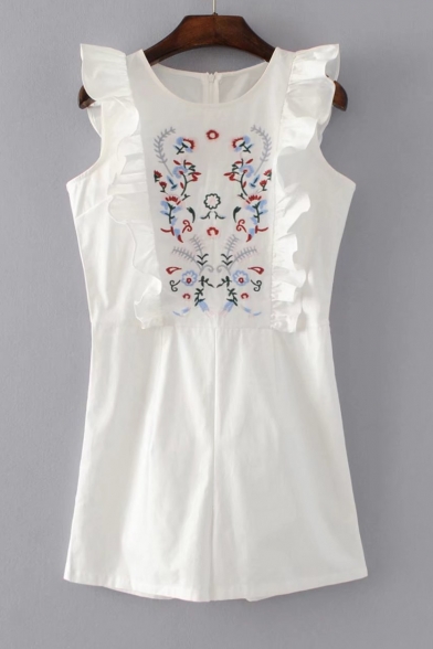 Chic Floral Embroidered Round Neck Ruffle Hem Casual Rompers