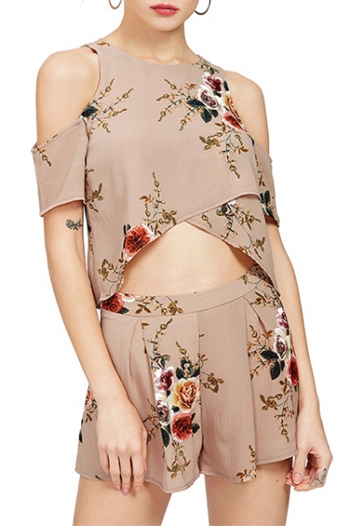 Chic Floral Printed Cold Shoulder Short Sleeve Asymmetric Tee with Wide Leg Shorts Chiffon Co-Ords