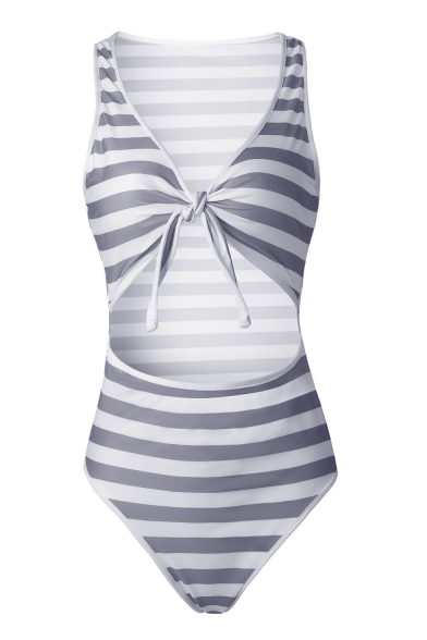 Classic Striped Printed Plunge Neck Sleeveless Bow Tie Front One Piece Swimwear