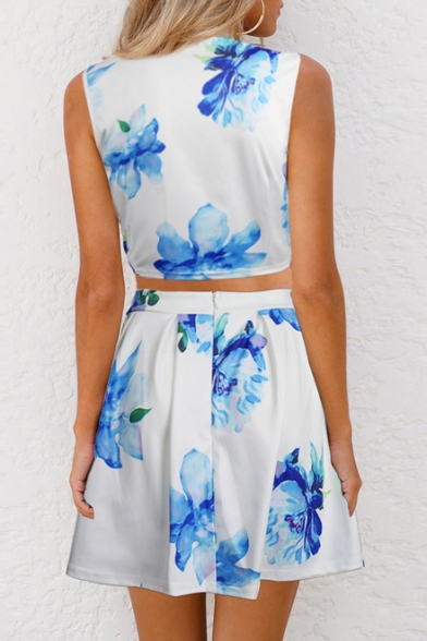 Floral Printed Round Neck Sleeveless Top with Mini A-Line Skirt Co-ords