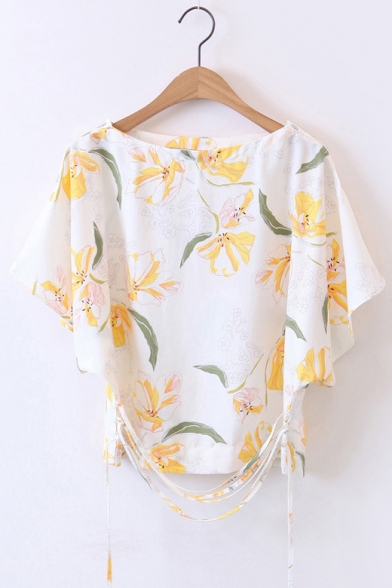 New Arrival Tied Front Single Breasted Shoulder Short Sleeve Floral Printed Blouse