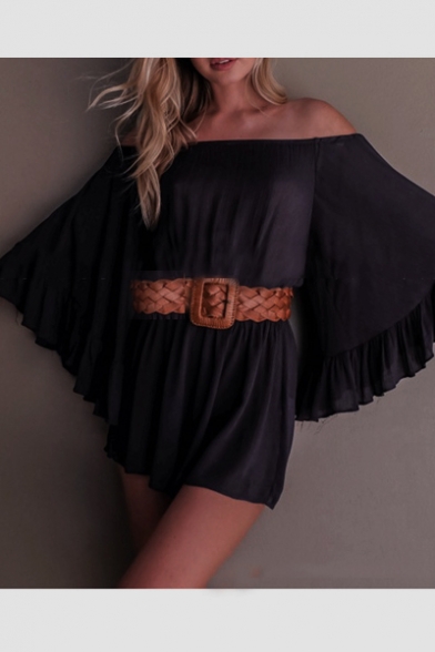 New Fashion Off The Shoulder Batwing Sleeve Plain Gathered Waist Rompers