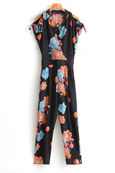 New Stylish Wrap V-Neck Short Sleeve Floral Printed Zip Side Jumpsuits