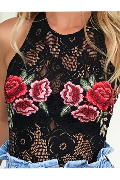 Sexy Lace Cutout Embroidery Floral Pattern Sleeveless Bodysuit