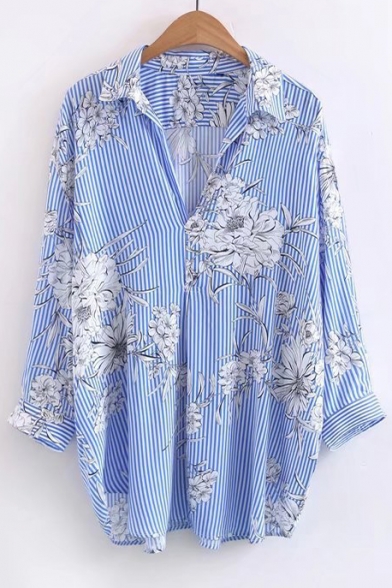 Striped Floral Printed Long Sleeve Lapel Tunic Shirt