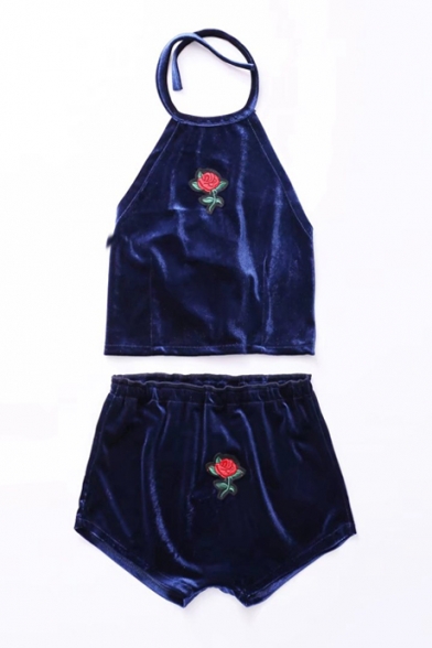 Summer Fresh Sexy Halter Sleeveless Embroidery Floral Appliqued Cami with Elastic Shorts Velvet Co-Ords