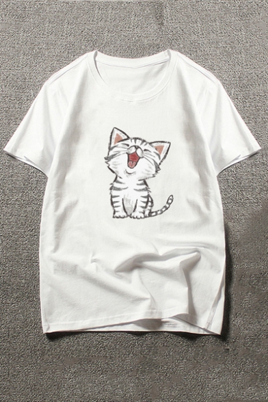 Summer's Cartoon Cat Printed Round Neck Short Sleeve Pullover T-Shirt