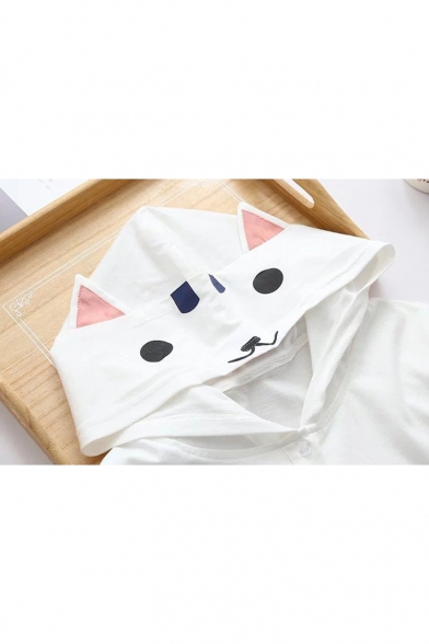 Summer's Fresh Cartoon Cat Printed Hooded Short Sleeve Casual Cotton Tee