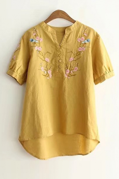 V Neck Buttons Down Short Sleeve Chic Floral Embroidered Pullover Blouse