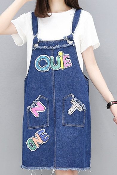 Basic Simple Round Neck Short Sleeve T-Shirt with Letter Print Denim Overall Dress