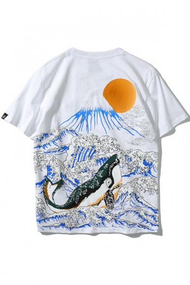 Cartoon Whale Wave Printed Short Sleeve Round Neck Casual Tee