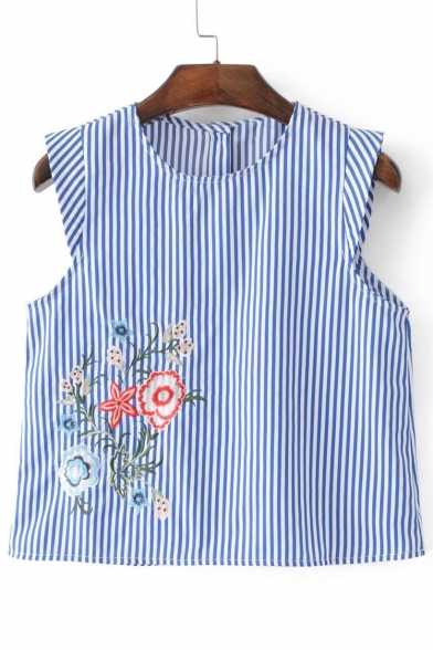 Chic Floral Embroidered Striped Printed Round Neck Sleeveless Blouse