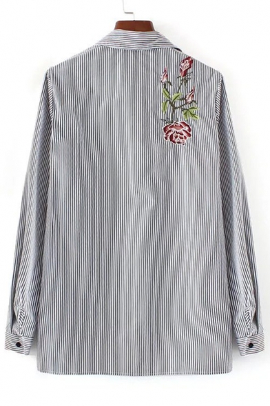Classic Striped Printed Floral Embroidered Lapel Collar Long Sleeve High Low Shirt
