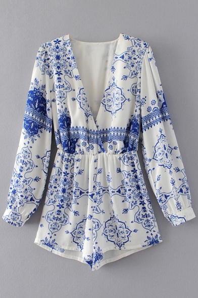 Fashion Plunge V-Neck Long Sleeve Blue and White Porcelain Printed Rompers