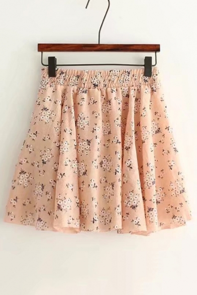 High Rise Elastic Waist Floral Printed Mini A-Line Pleated Skirt