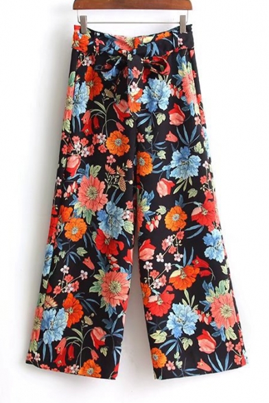 New Arrival Chic Floral Printed Casual Loose Wide Legs Pants with Tie Waist
