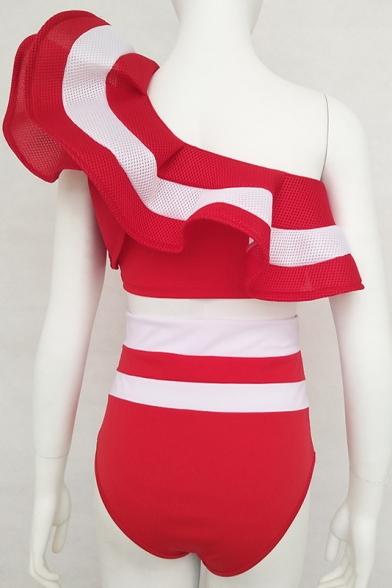 New Stylish Striped Color Block Ruffle Front One Shoulder Sleeveless Top with High Waist Shorts