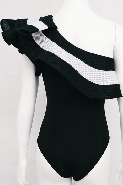 New Stylish Striped Ruffle Front One Shoulder Sleeveless Bodysuit