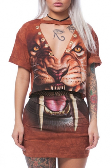 Round Neck Short Sleeve Tiger Printed Cropped Tee with Mini Bodycon Skirt