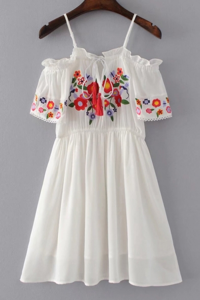 Spaghetti Straps Cold Shoulder Short Sleeve Floral Embroidered A-Line Dress