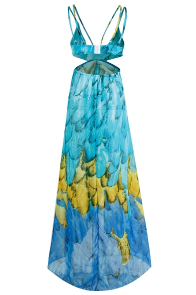 Spaghetti Straps Cut Out Waist Feather Printed Beach Asymmetrical Slip Dress