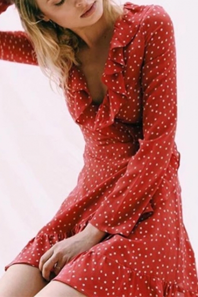Summer's Fresh Polka Dot Pattern Plunge Neck Long Sleeve Ruffle Hem Mini Dress